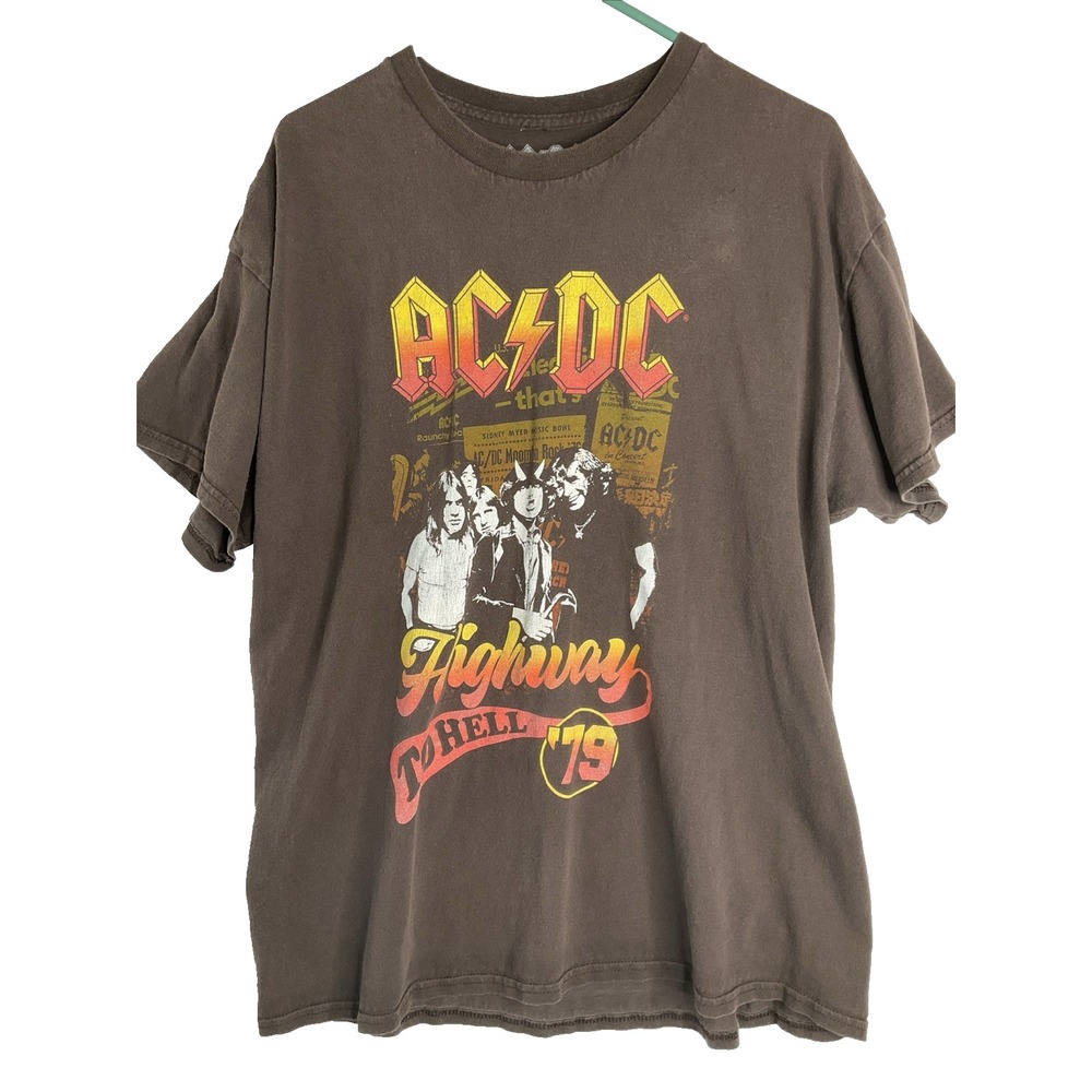 Retro ACDC Highway To Hell‎ Graphic Band T-Shirt Brown 1979 Rock Concert Brown L
